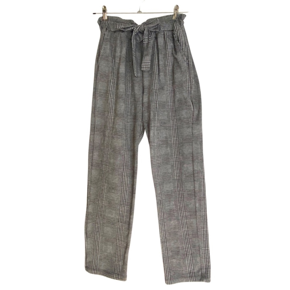 Popular21 Women’s High Rise Waist Tie Paper Bag Plaid Pants Black/Grey [US M]